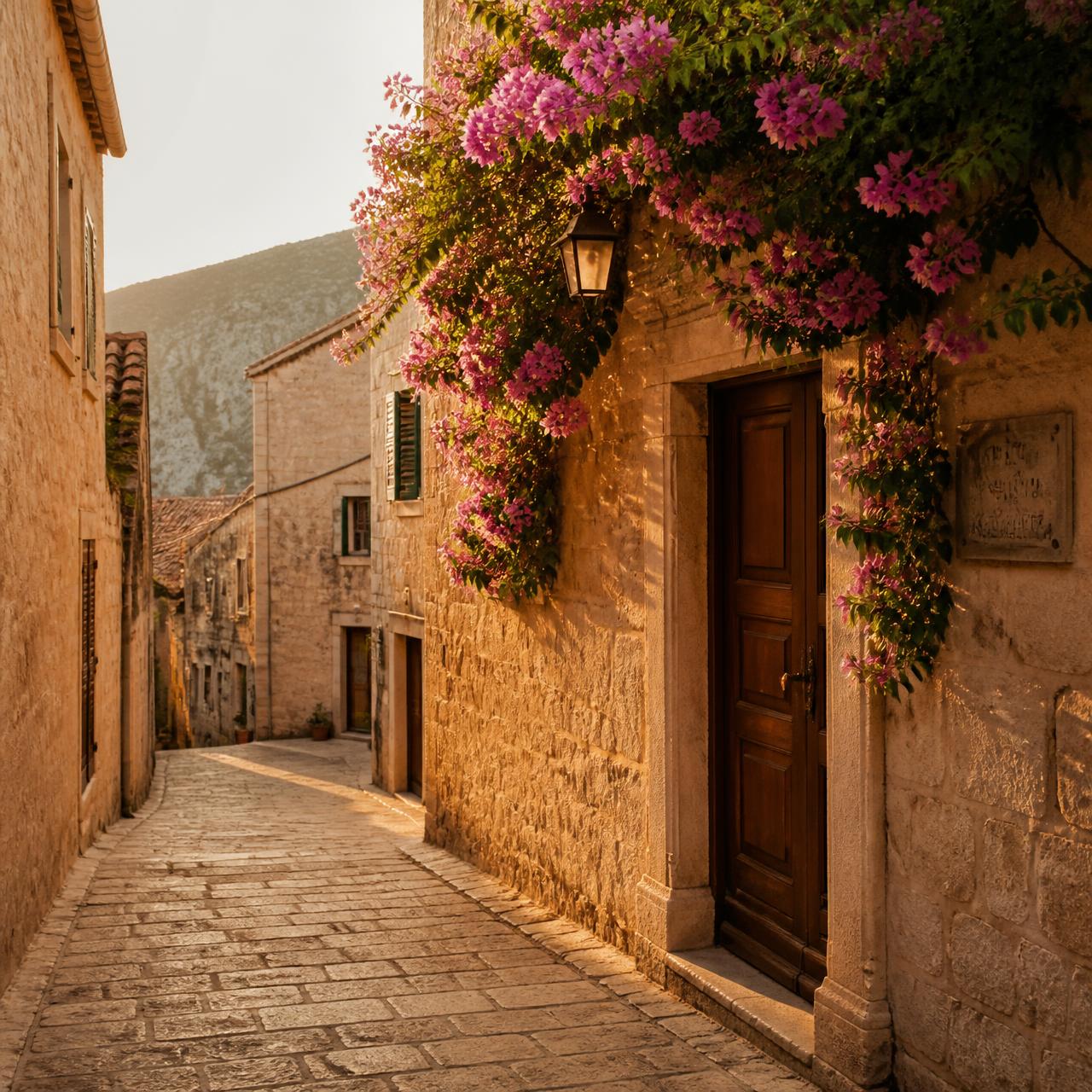 Empty Croatian village street at golden hour