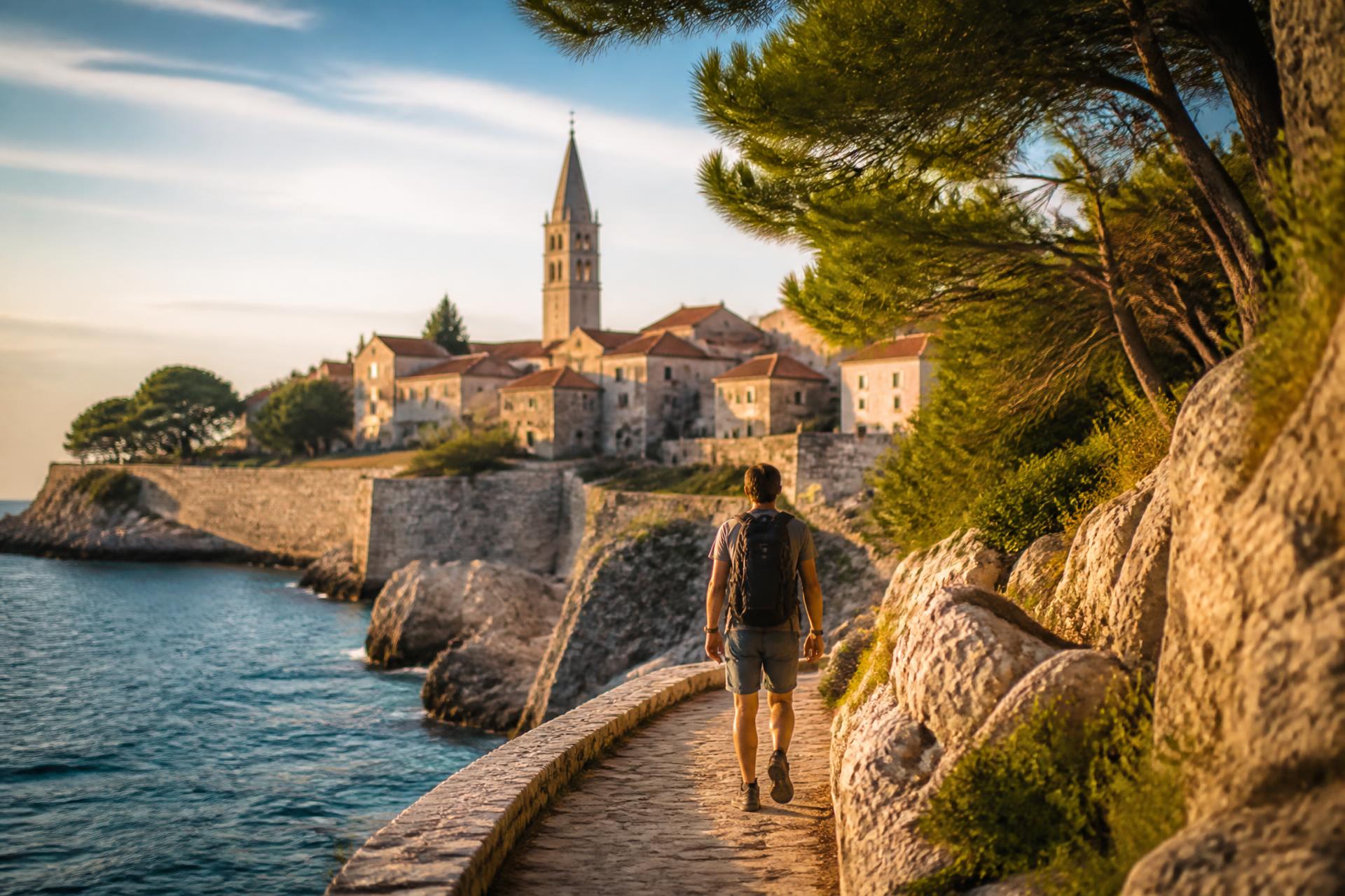 Traveler walking on a stone coastal path toward an old Croatian town with bell tower
